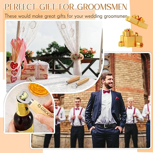 Miniatura 5 de 6 piezas de abrebotellas de boda de madera para padrinos de boda, abrebotellas de padrinos de boda, juego de 6 abridores de tapas para recuerdos de