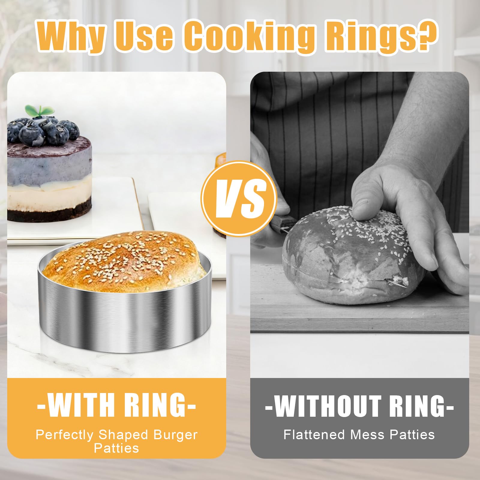 6 anelli per hamburger Ø 10 cm – 10 x 4 x 0,1 cm in acciaio inox, anelli da dessert e set di anelli per cuocere, cucinare, dessert, mousse, dolci, mini torte, muffin