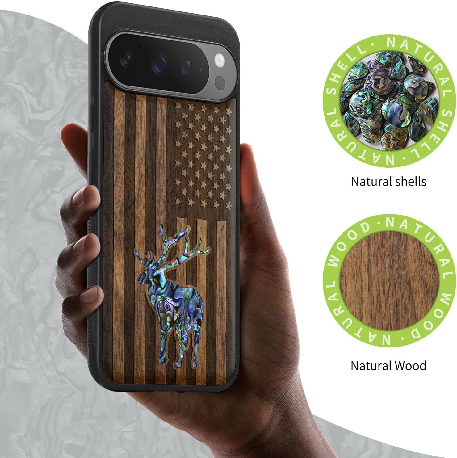 Carveit Magnetic Wooden Case for Pixel 9 Pro / 9 Pro Case, Wood Artisan Engraved & Handmade Shell Inlaid, Compatible with MagSafe Wireless Chargers, American Flag, Deer - Walnut