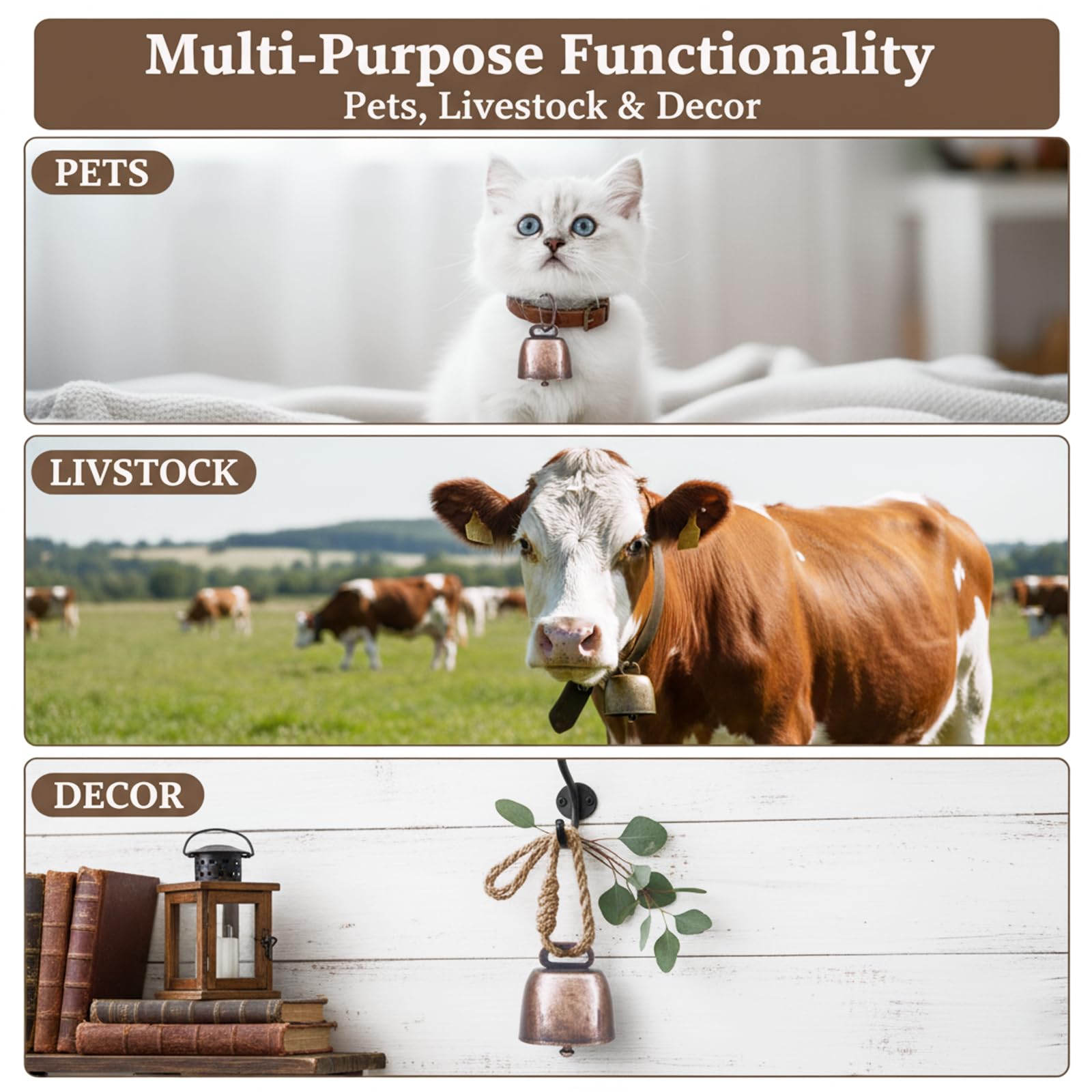 4pcs Campane in metallo antico,campane anti-smarrimento,per mucca, cavallo, pecora, rame, bovini,per animali domestici