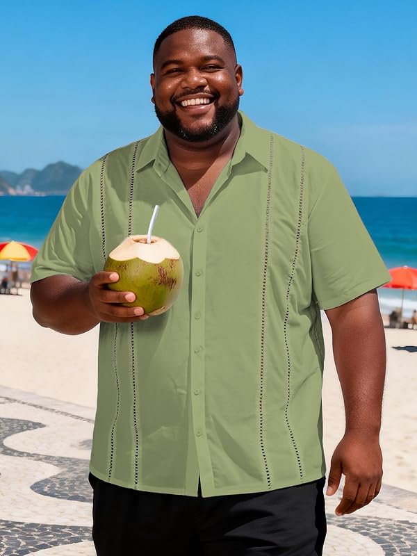 Yuyapu Big and Tall Guayabera Shirt for Men – Cuban Short Sleeve Button Up Summer Office & Beach Dress Shirt Green by Yuyapu - Used condition - Image 4