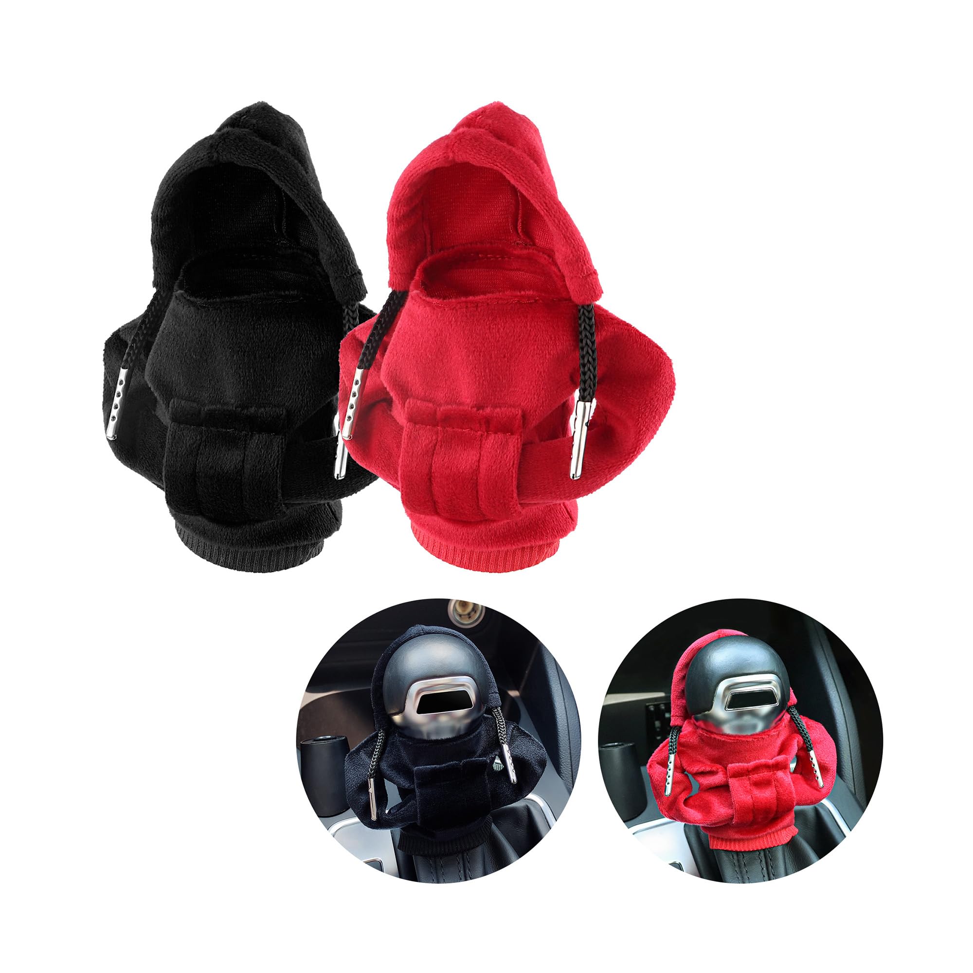 Salior 2PCS Car Gear Shift Knob Cover,Soft Hooded Shirt Car Shifter Knobs Cover,Universal Shift Cover Car Decor Accessories (Black+Red)