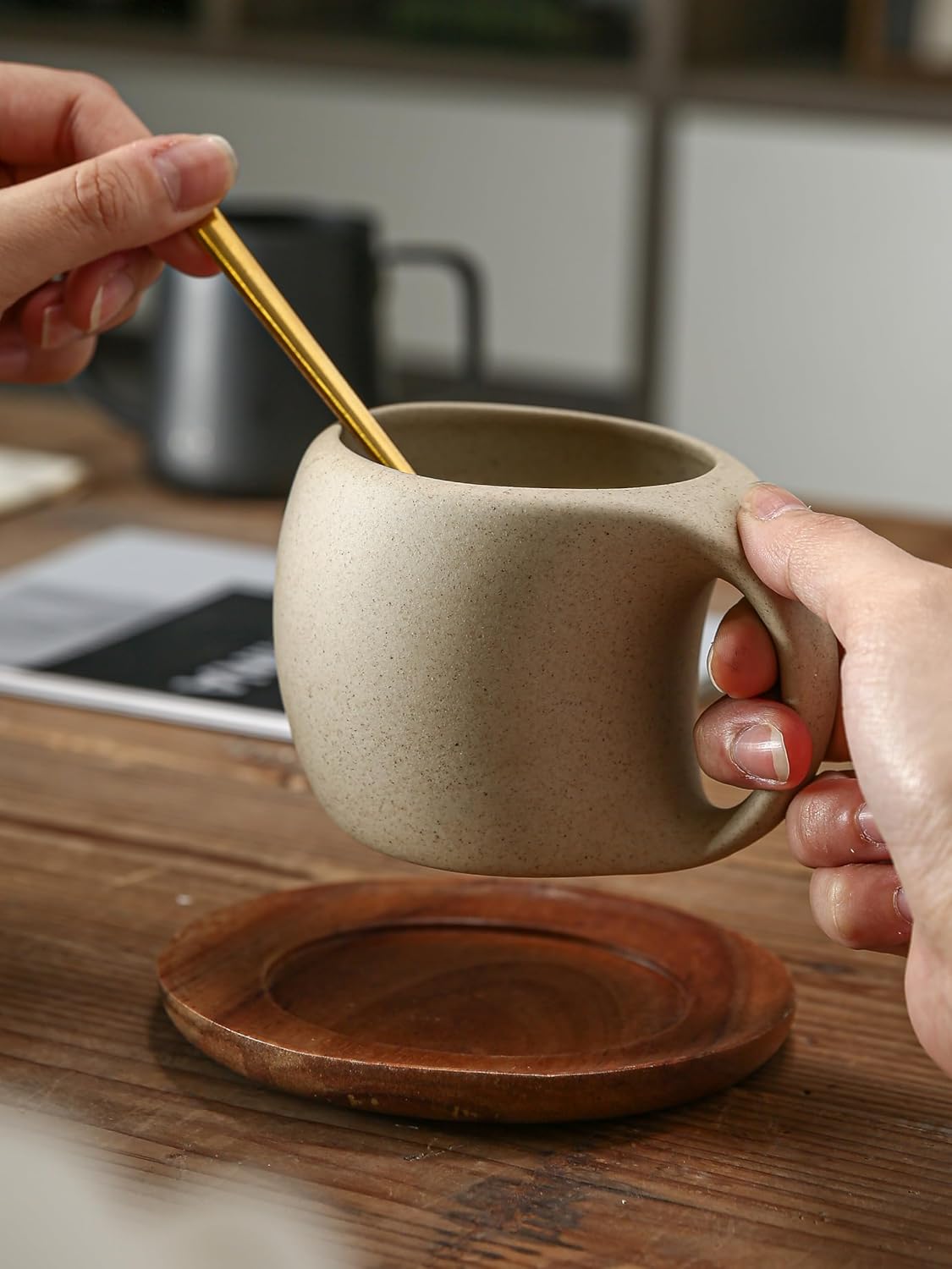 6 Oz Coffee Cup Mug Espresso Cups Set, Ceramic Cup with Natural Acacia Wood Saucer for Espresso, Latte, Cappuccino Coffee, Tea, Unglazed Porcelain Arty Mug (Natural Earthiness Finish) - Image 3