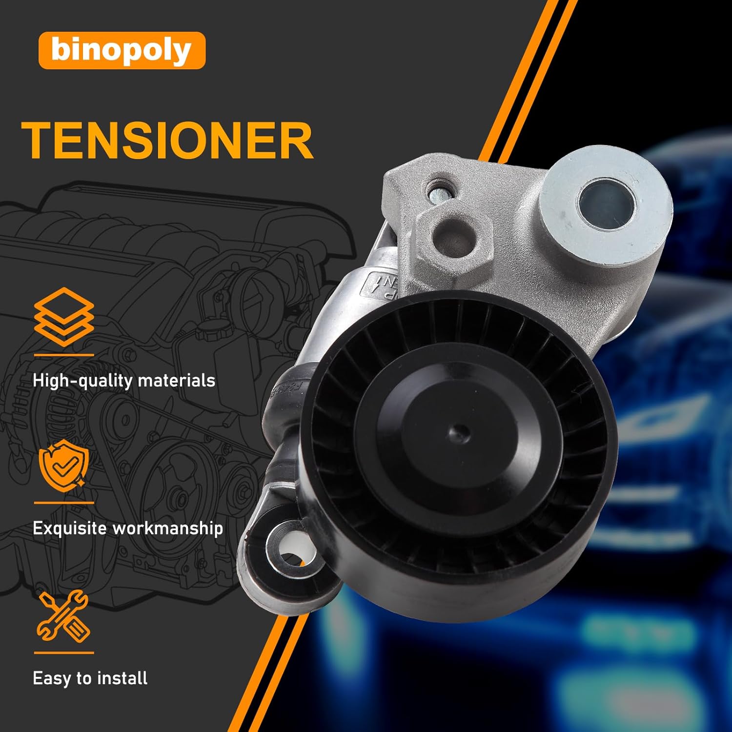 binopoly 39104 Drive Belt Tensioner Assembly With Pulley For 2006-2021 Hyundai Azera/Sonata/Entourage/Palisade/Santa Fe/Veracruz/Kia Amanti/Cadenza/Opirus/Carnival OE#89654 419-004 252813C100