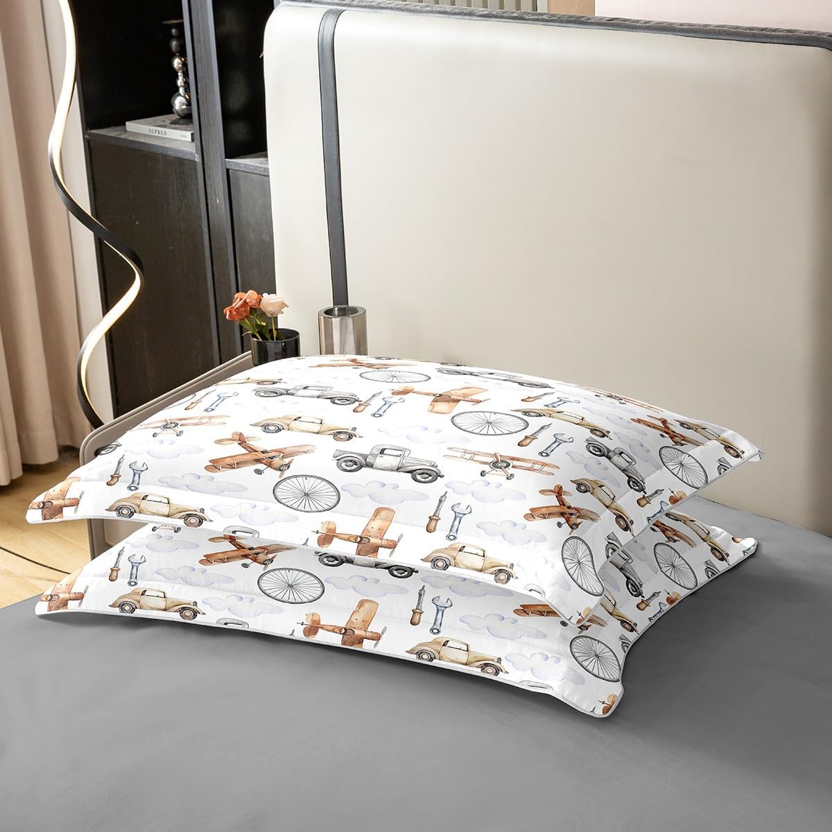 Retro Cars 100% Cotton Duvet Cover Watercolor Aircraft Cartoon Vehicle Decor Bedding Set for Kids Boys Girls Vintage Airplanes 70s Car Print Comforter Cover with 1 Pillowcase(No Comforter) Twin Size