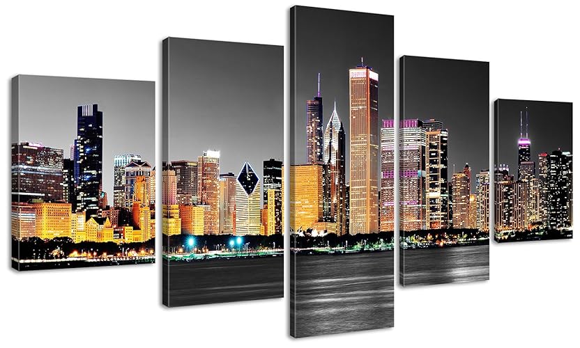 JiazuGo Chicago Skyline Wall Art Black and White Canvas Poster Decor Living Room USA City Building Night View Pictures Prints Paintings Decor Bedroom Office Artwork 60" W×32" H - 60" W×32" H - Chicago
