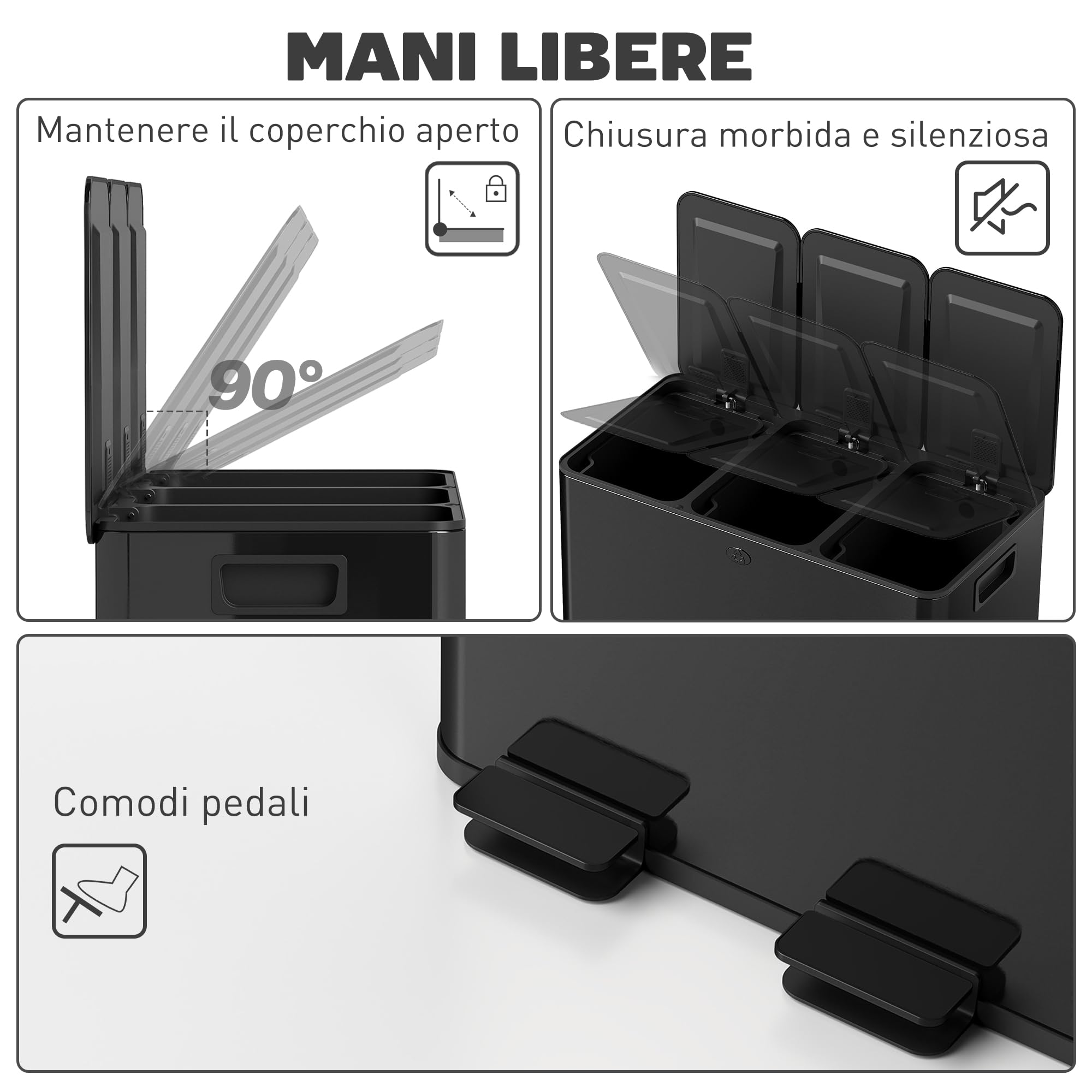 HOMCOM Pattumiera Differenziata 3 Scomparti 20L da Cucina a Pedale, Cestino Spazzatura con 3 Coperchi a Chiusura Silenziosa in Acciaio Inox e PP, 61.9x36.6x56.7 cm, Nero