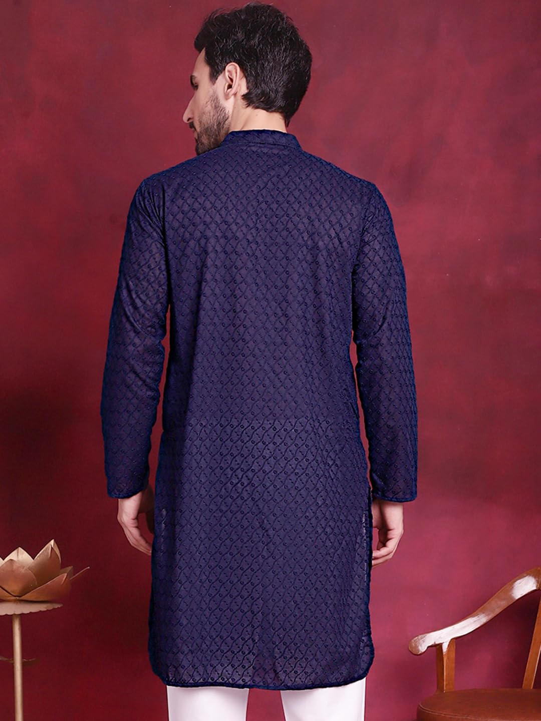 Jompers Chikankari Pure Cotton Kurtas For Men (Navy, Xl)