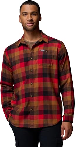 Columbia Mens Cornell Woods Flannel Long Sleeve Shirt, Tobacco Multi Buffalo Che