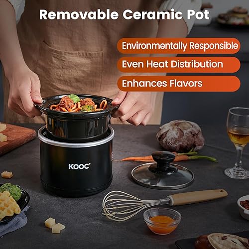Miniatura 4 de KOOC Olla de cocción lenta pequeña, 0.65 cuartos de galón, forros gratis incluidos, olla de cerámica mejorada, reducción de pérdida de nutrientes,