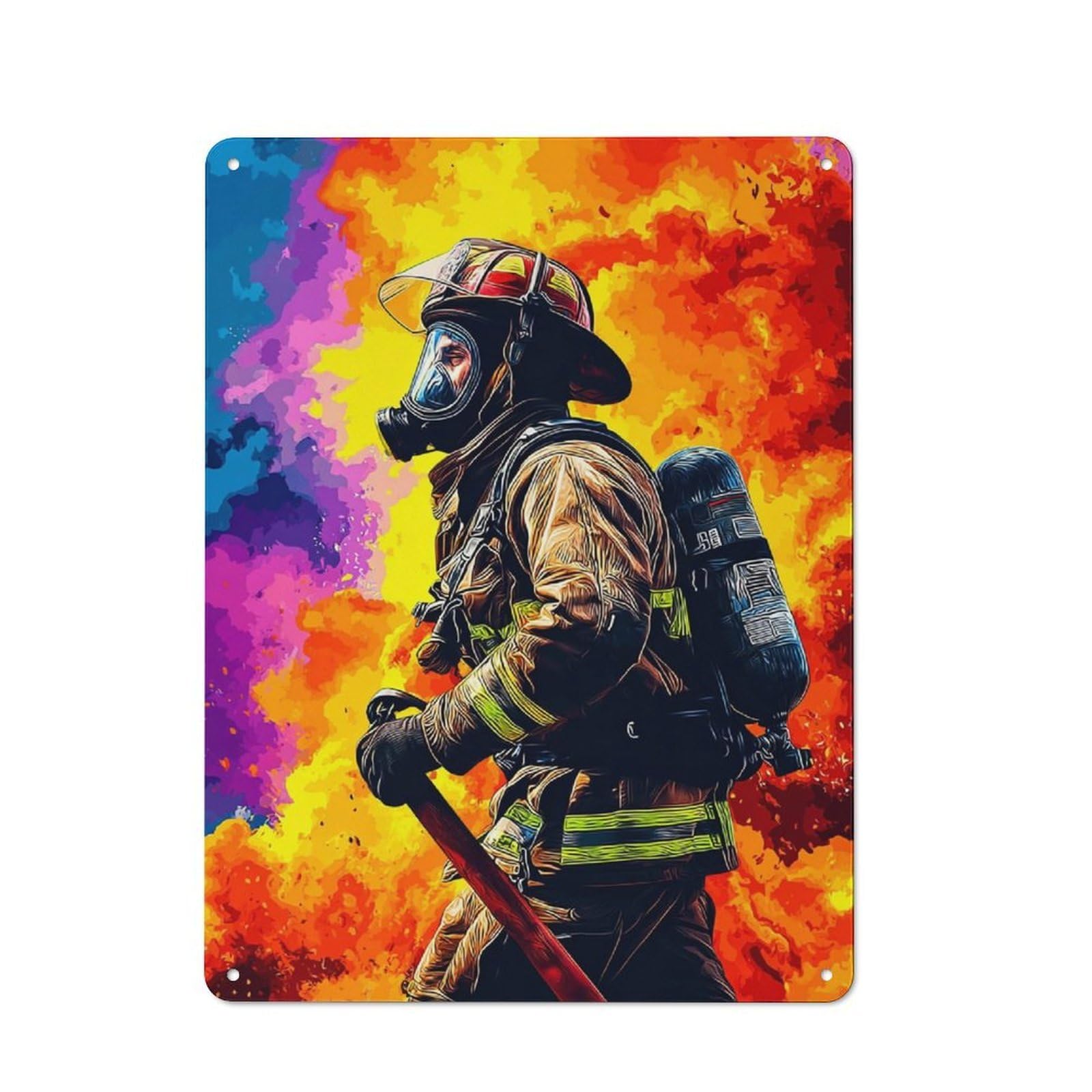Firefighter in Action Loft Style Metal Wall Decor 40x30cm, Decorative Metal Plaque for Loft, Studio, Office Or Creative Room