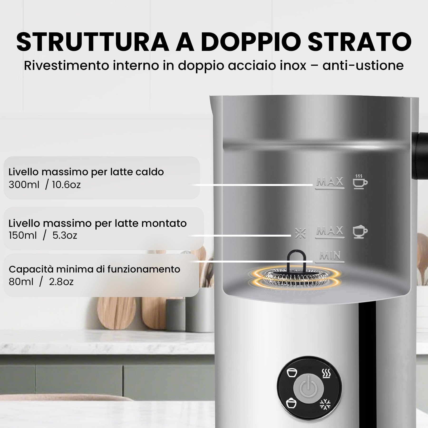 Montalatte Elettrico 4 in 1, Cappuccinatore Elettrico per Schiuma Calda e Fredda, Scaldalatte in Acciaio Inossidabile con Rivestimento Antiaderente, Macchina per Caffè, Cioccolata Calda (300ML)