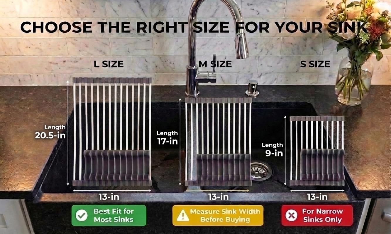 Large Aluminum Roll Up Dish Drying Rack (20.5" x 13") - Fits Sinks up to 19.5 Inches, Heavy Duty Square Bar, Rust-Proof & Heat Resistant with Removable Dish Holder (Purple Gray Large)