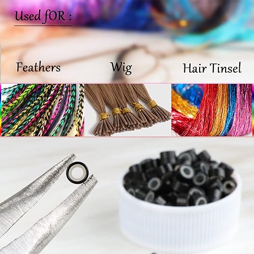 Miniatura 5 de NIACONN 1000pcs Micro Link Beads 0.197 in para extensiones de cabello, herramienta de extensiones de cabello de anillos forrados de silicona - Negro