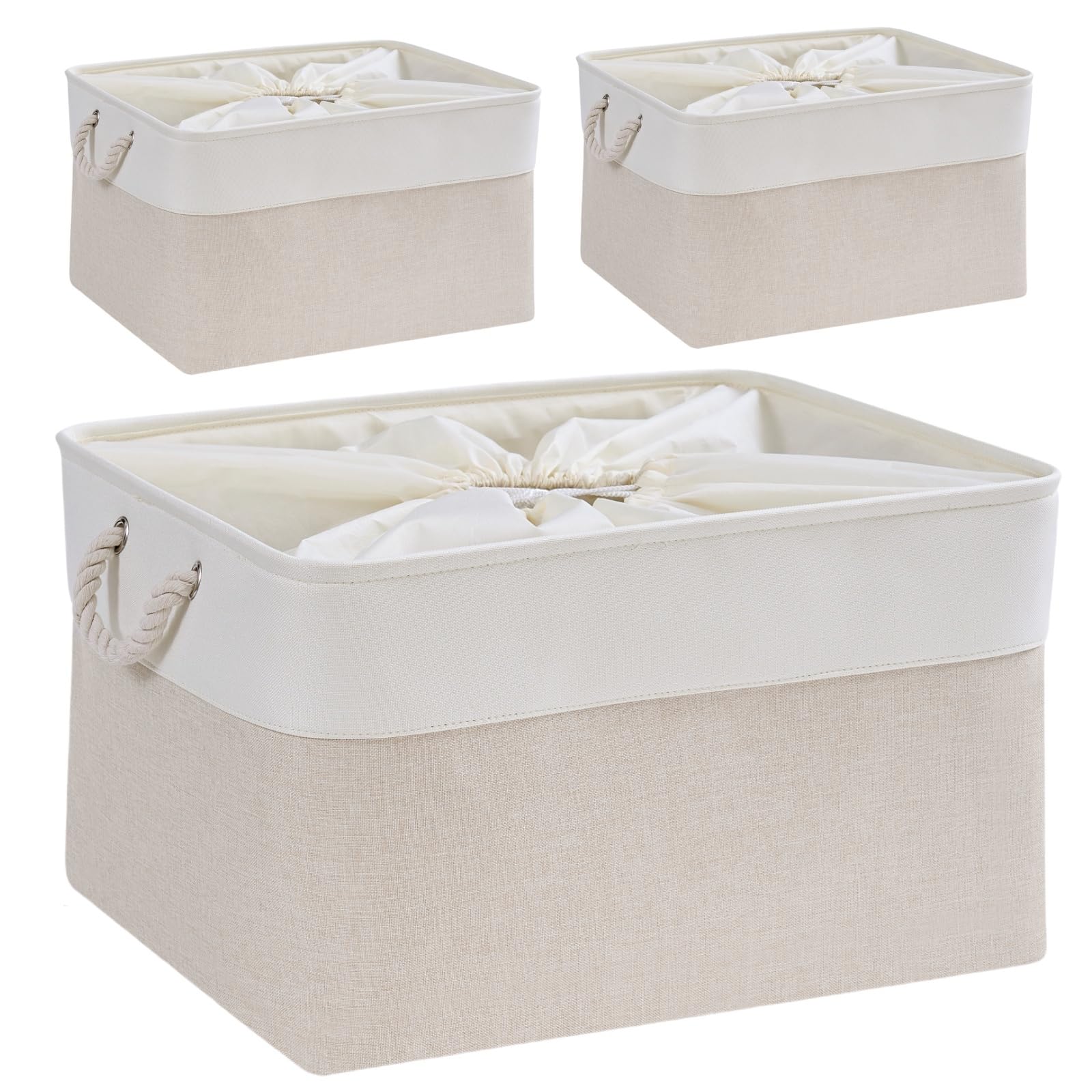 Mangata Stoff Aufbewahrungsbox,Waschbare Aufbewahrungskörbe mit Kordelzug für Spielzeug Kleidung Zuhause Regale(Hellbeige/Weiß, Extra groß,3er Set)