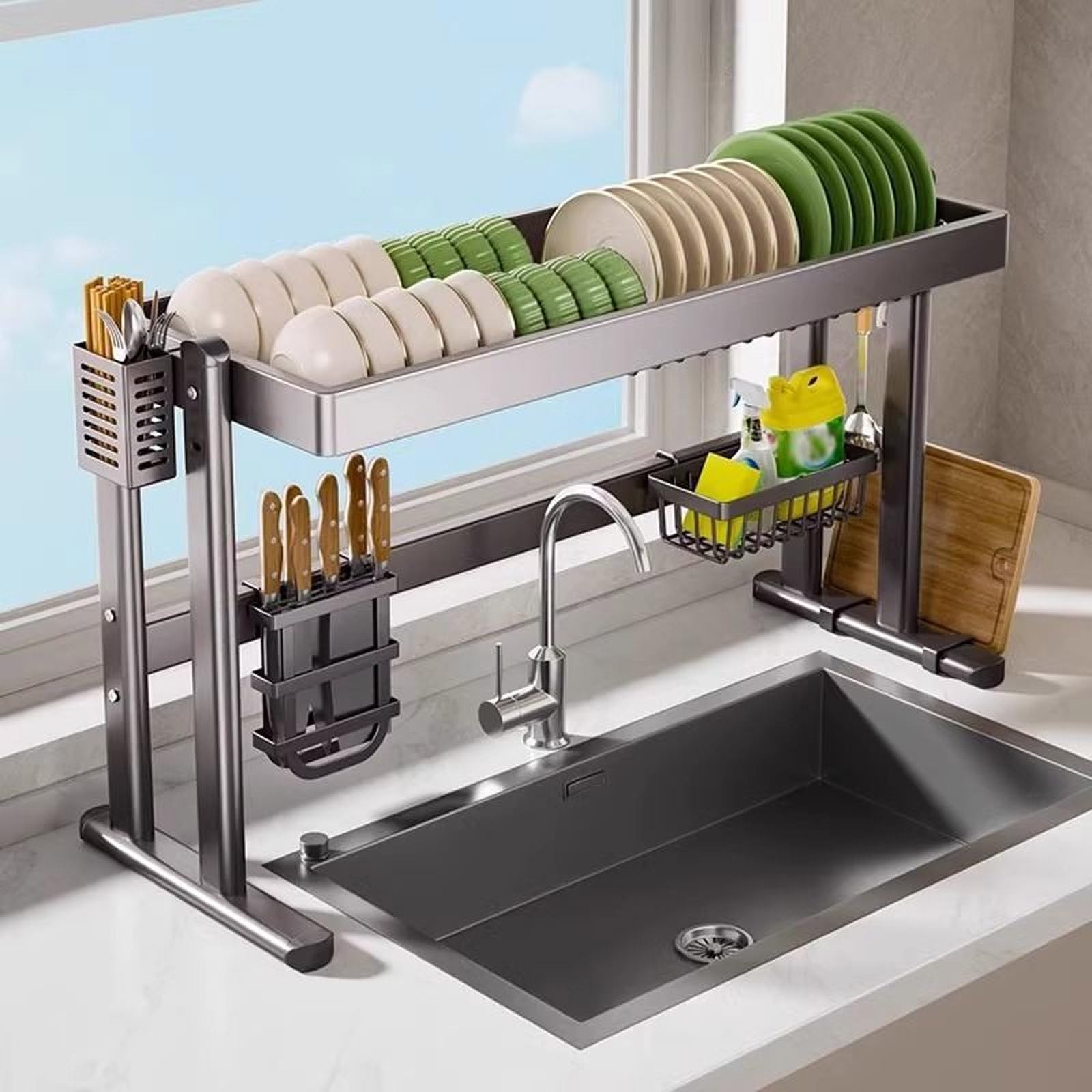 Large Dish Rack Over Sink, Dish Rack Large Capacity, Space Saving Kitchen Organizer Stores Dishes, Cups, Bowls, And Cutlery/Tier 1/87Cm(Tier 1-87Cm)