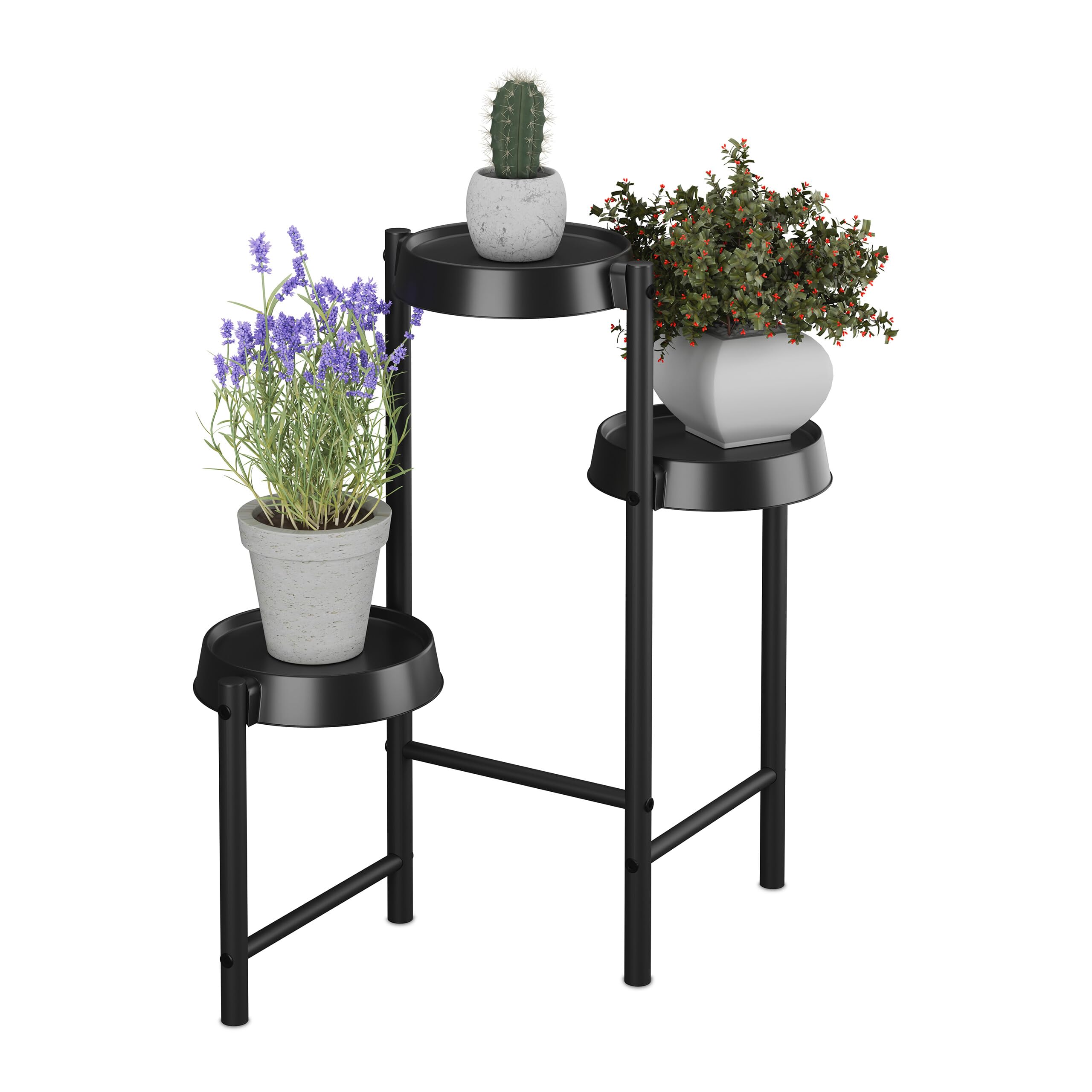 Relaxdays Plant Stand, 3 Tiers, Metal & Plastic, HWD: 61x55x30 cm, Shelves for Flower Pots & Herbs, Display Rack, Black