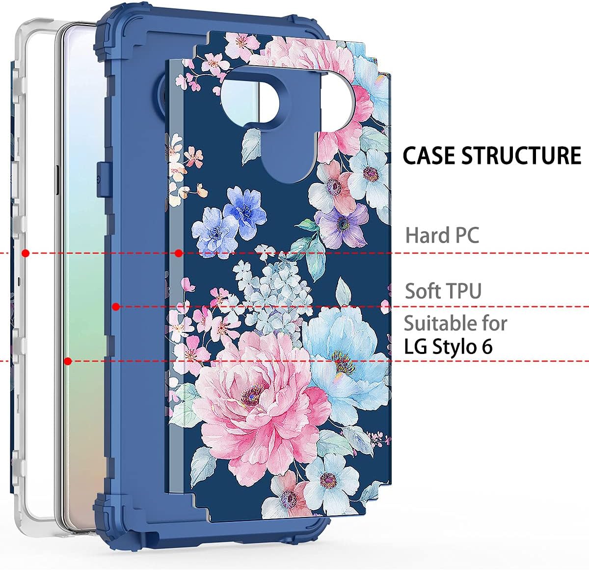 Rancase for LG Stylo 6 Case,Three Layer Heavy Duty Shockproof Protection Hard Plastic Bumper +Soft Silicone Rubber Protective Case for LG Stylo 6,Navy Blue