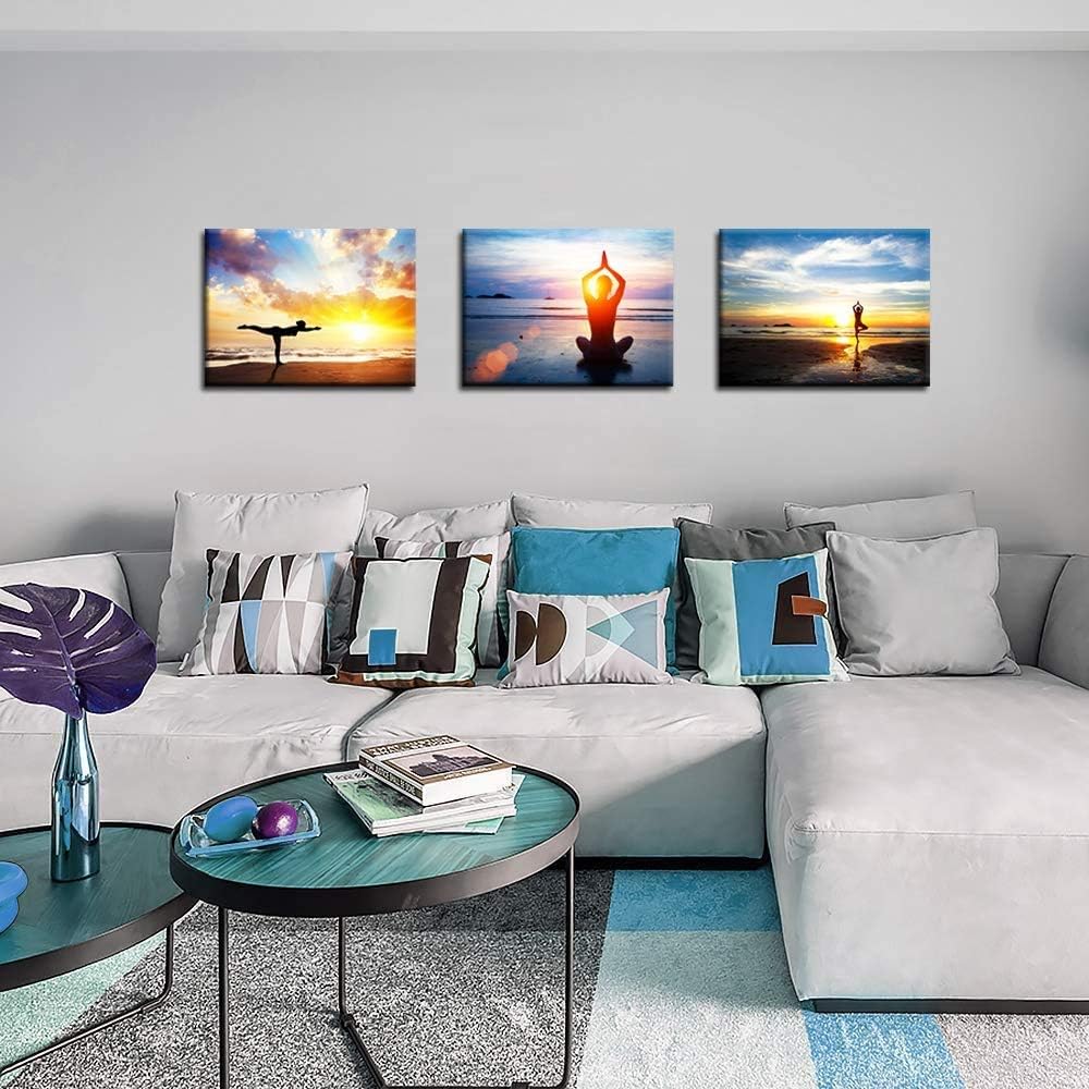 Biuteawal - 3 Pieces Seascape Painting Girl Do Yoga on the Beach Picture Print on Canvas Peaceful Wall Art for Yoga Room Home Bedroom Bathroom Wall Decoration Stretched and Framed