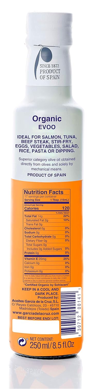 GARCÍA DE LA CRUZ - Organic Extra Virgin Olive Oil, Hojiblanca Variety, Single Varietal, Smooth Body, Balanced Flavour, Sourced in Spain, Montes de Toledo, Glass Bottle - 250 ml - Image 2