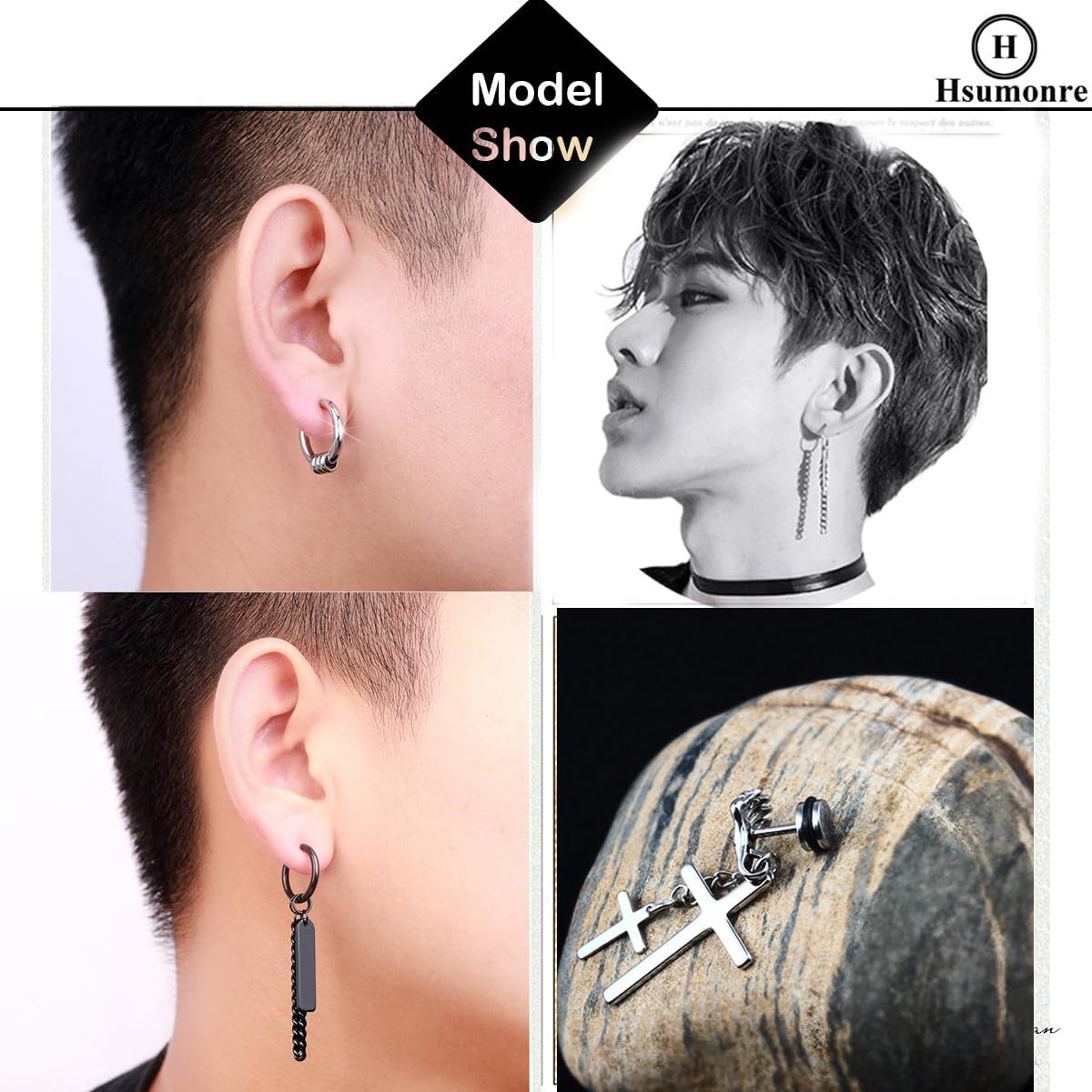 Boucles d’oreilles personnalisables Bar Punk Hoop Unisexe avec plumes Cross Circle Tassels Ear Clips Piercing Earrings Bijoux Acier inoxydable Argent Noir pour Hommes Femmes 12mm Dia