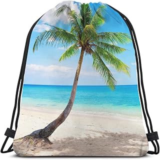 Ocean Drawstring Bags Backpack Bag Summer Time Tropical Sandy Beach Palm Tree Landscape Sea Theme Caribbean Coastline Sport Gym Sack Drawstring Bag String Bag Yoga Bag for Men Women