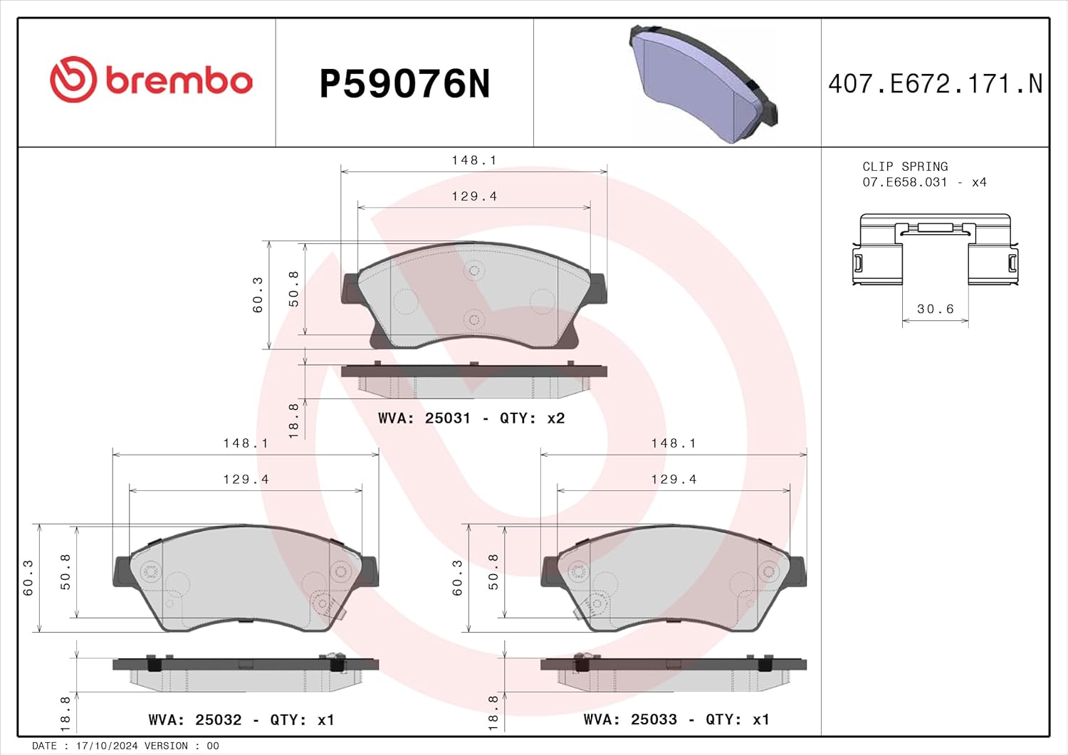 Brembo P59076N Premium Ceramic Front Disc Brake Pad Set BUICK (SGM)/CHEVROLET/CHEVROLET (SGM)/HOLDEN/OPEL/VAUXHALL OE# 1605169