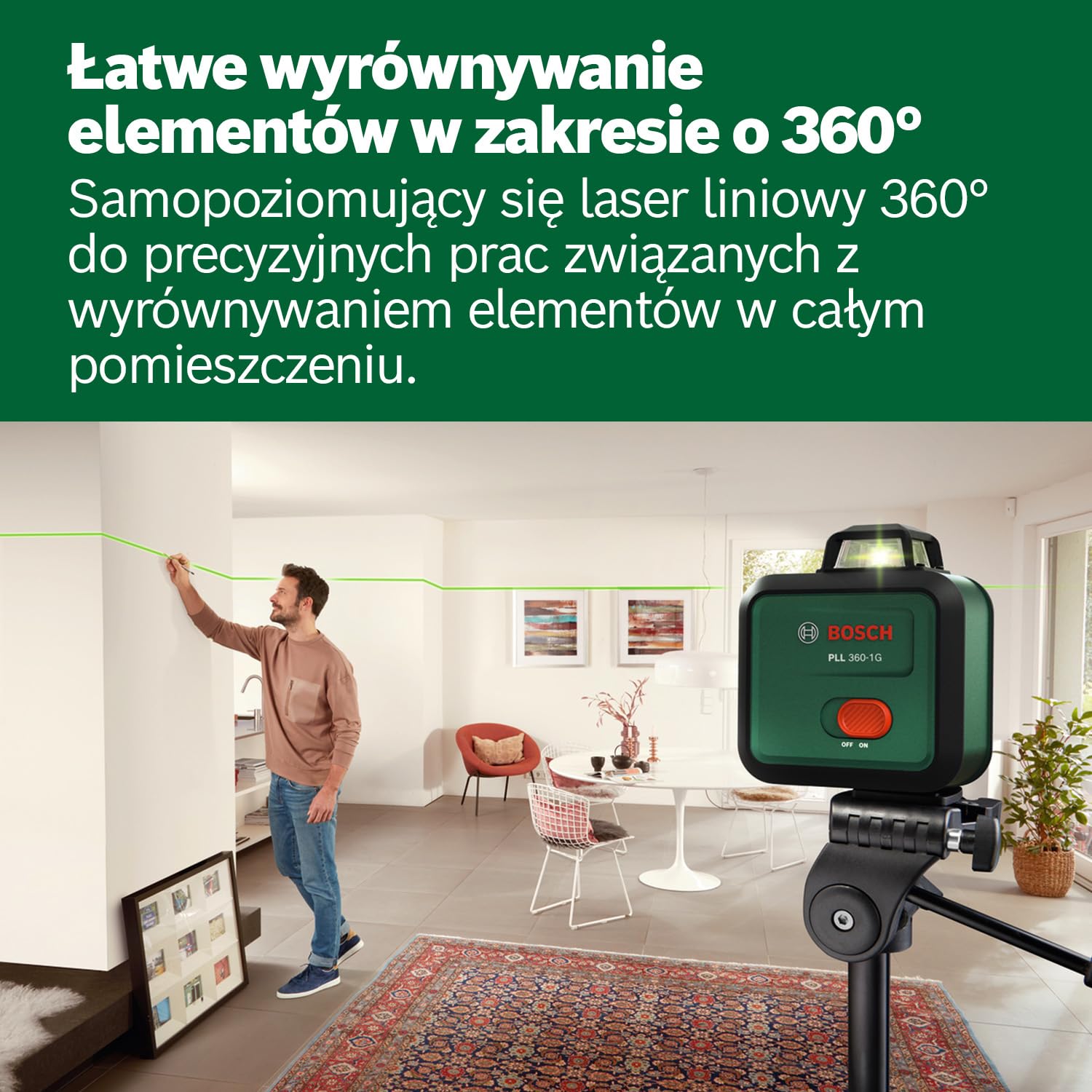 Bosch Laser płaszczyznowy PLL 360-1G (zielona wiązka laserowa 360°, funkcja samopoziomowania, dokładność ±0,4 mm/m, zintegrowany akumulator Li-ion, ładowanie przez USB-C®, opakowanie kartonowe)