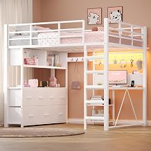 MSmask Loft Bed Full Size with L-Shape Desk & 7 Storage Drawers, Full Loft Bed with LED Lights & Charging Station & Open Storage, Loft Bed with Safety Guardrail, Space Saving, White