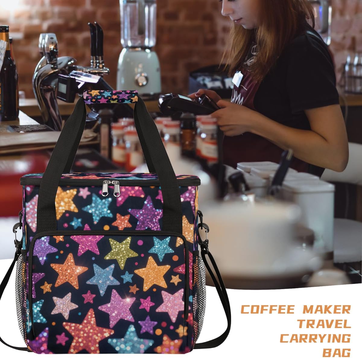 Glitter Stars Portable Coffee Maker Carrying Bag Compatible with Keurig K-Mini or K-Mini Plus - Travel Storage Tote with K-Cup Pod Pockets for Single Serve Coffee Brewer
