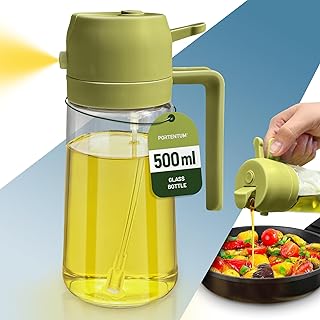 PORTENTUM Oil Spray 2 in 1 Oil Sprayer Spray, 500 ml / 17 oz Glass Bottle for Air Fryer, BBQ (Green)