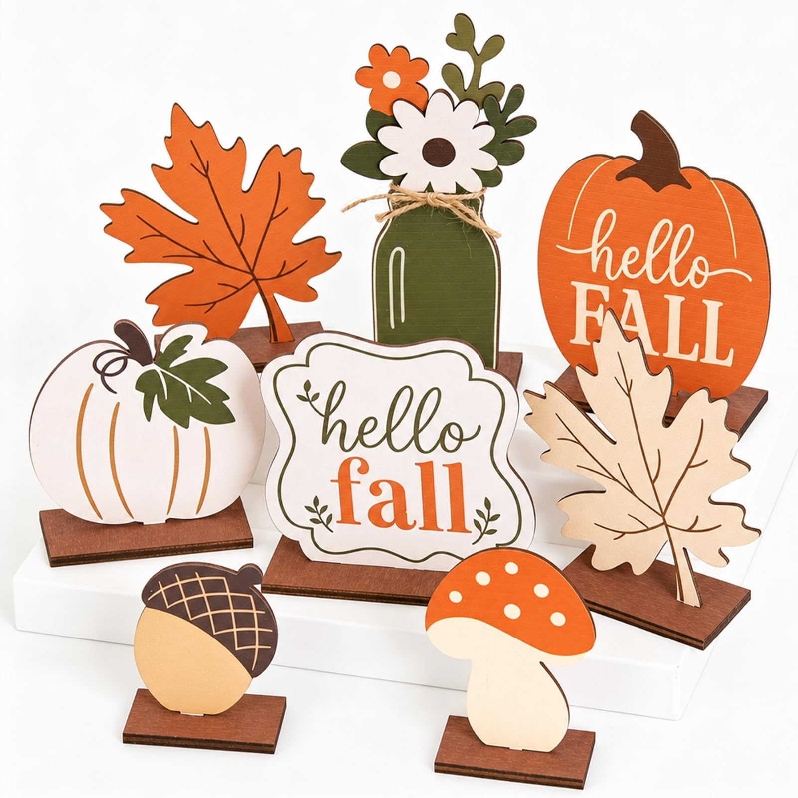 Homarkable 8 Pcs Autumn Decorations for Home, Fall Table Centrepieces, Single-Sided Printing Pumpkin Maple Leaf Acorn and Hello Fall Table Decor, Rustic Harvest Decorations for Table Shelf Mantel