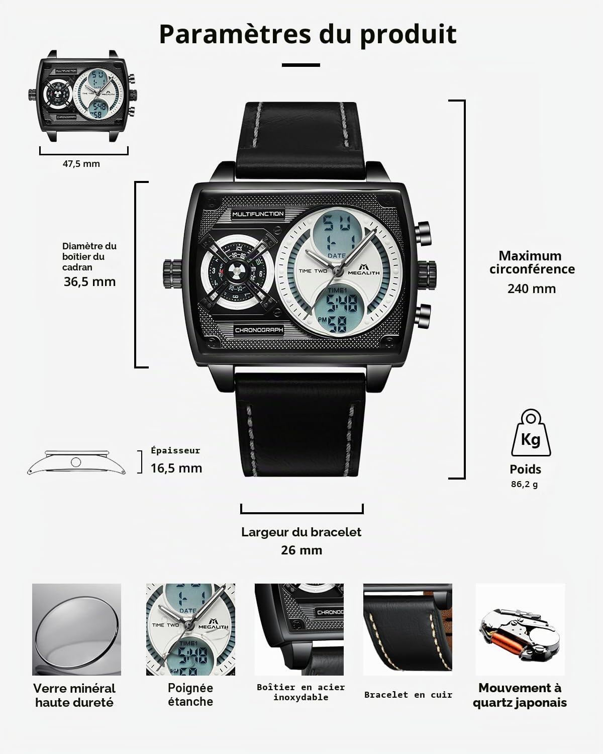 MEGALITH Montre Homme Grand Cadran Carré Design Zone Multi-temporelle Digitale Etanche Analogique Quartz Montre Bracelet Homme Mode