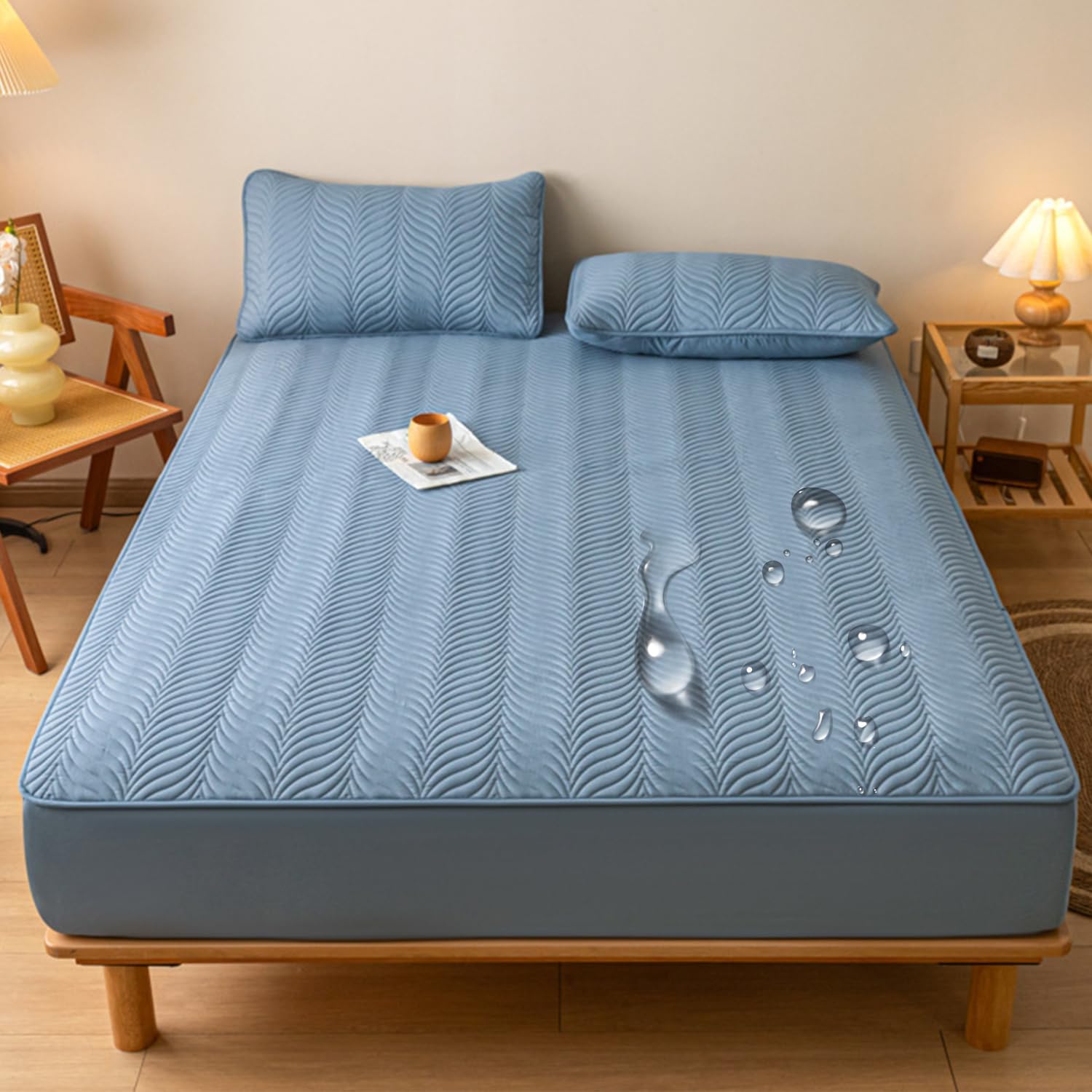 Queen Size Fitted Sheet Deep Pocket Waterproof Mattress Protector Quilted Mattress Cover King Size Bed Cooling Breathable Mattress Pad Full Wrap Machine Washable,Dark Blue,90 * 190CM(Twin)