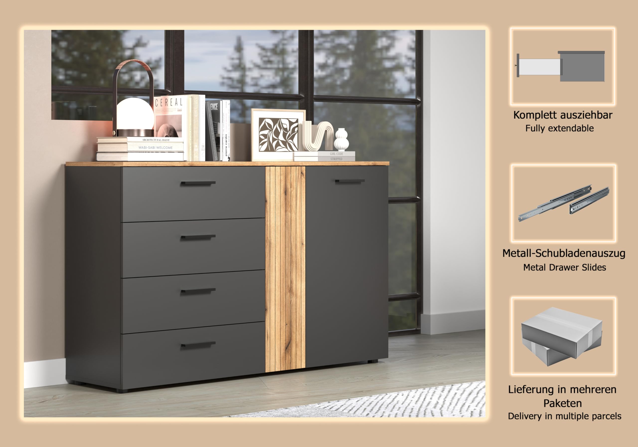 trendteam smart living Esteban Kommode Anthrazit/Evoke Eiche Wohnzimmermöbel mit 4 Vollauszug-Schubladen (BxHxT) 139 x 86 x 38 cm Rillenoptik