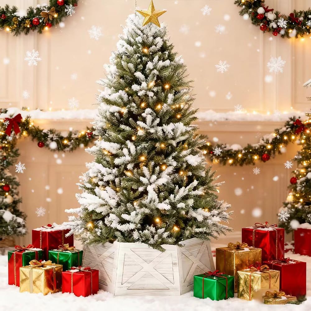 [2025 New] Natural Wood Christmas Tree Collar Stand for Real Trees up to 7.5ft, Durable Tree Base Cover with Easy Installation, Home Holiday Christmas Decoration (Washer White, D-27 Inch)