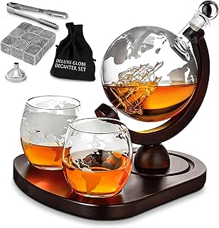 MikaMax, Whisky Karaffen-Set, Globe Decanter Deluxe Set, Globus Dekanter, Inklusive 2 Globus-Whiskygläser, Geschenk für Männer, Transparent, 9 Whiskysteine, Glas-Karaffen-Set.