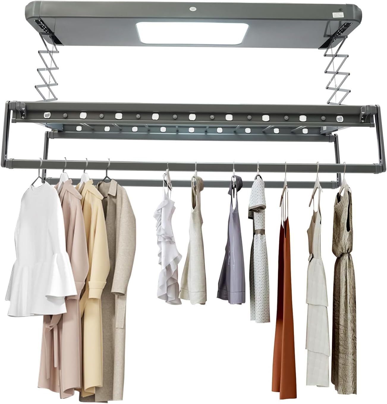 Ceiling Mounted Clothes Drying Rack, Adjustable Electric Clothes Airing Rack w/ LED Lighting & 2 Retractable Rods, Vertical Laundry Clothesline with 8 Horizontal Rods for Balcony,77lbs Load (Grey)