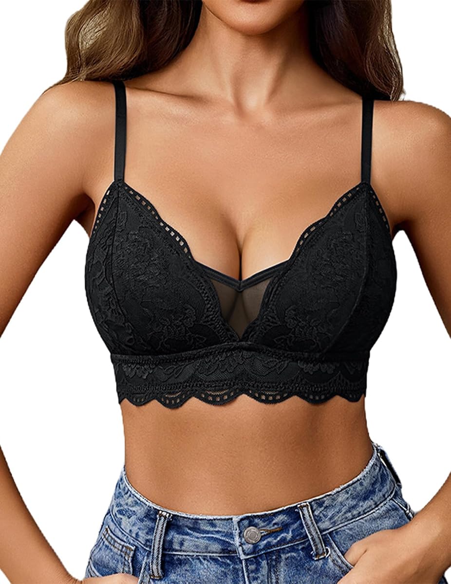 Avidlove Lace Bras for Women V Neck Wireless Bra Non Padded Mesh Bralettes Sexy Comfy Lingerie