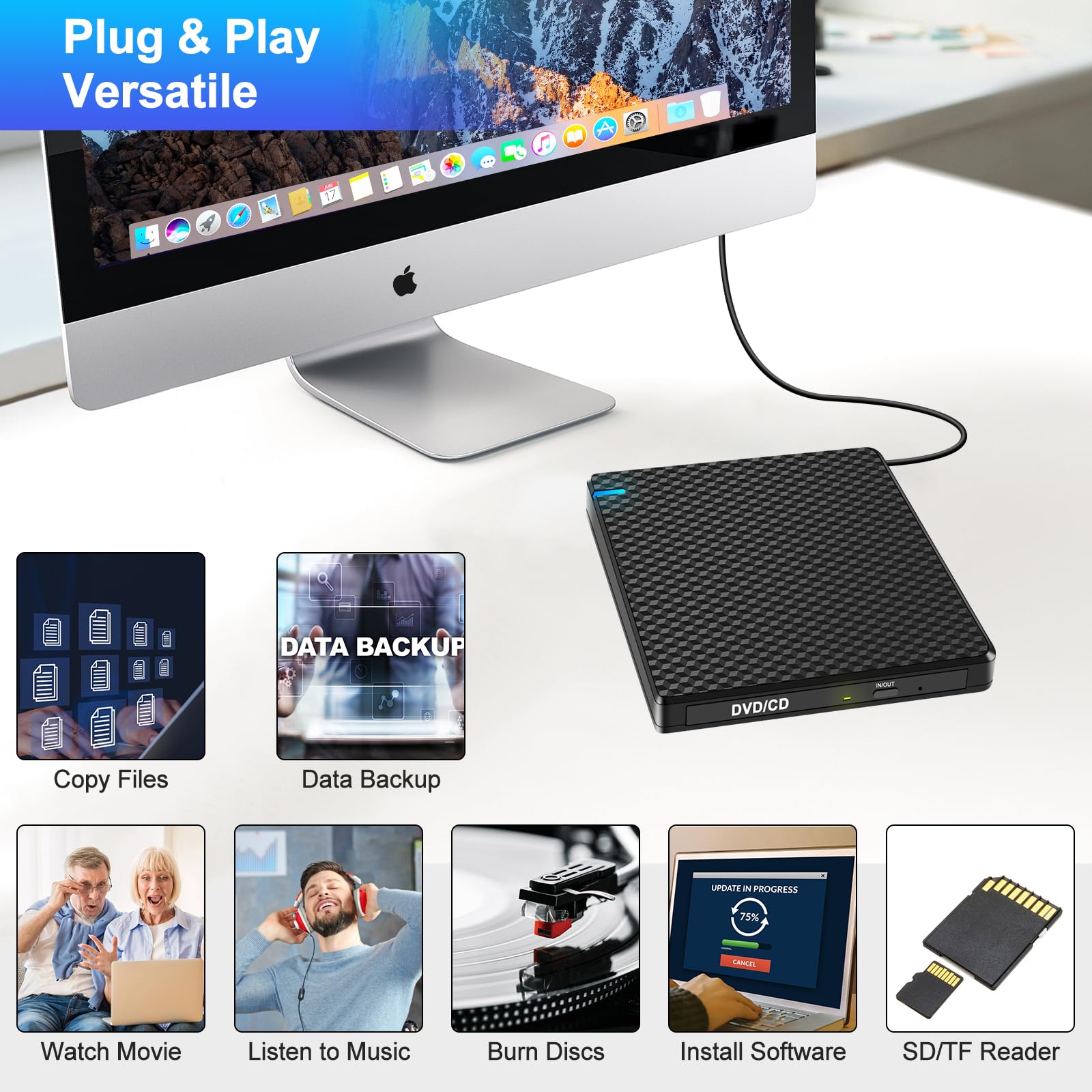 Guamar Lecteur CD DVD externe : graveur USB-C fin et portable pour ordinateur portable, PC, MacBook, Mac Windows 11/10 avec fente SD/TF/2 ports USB, transfert de données rapide – Plug & Play (noir)