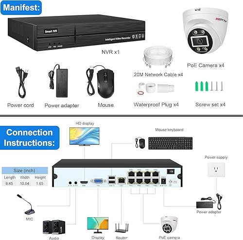 Miniatura 7 de Sistema de cámara de seguridad PoE de audio de 2 vías, 4 cámaras IP domo con cable de 4MP para seguridad del hogar, lente gran angular de 110°, luz