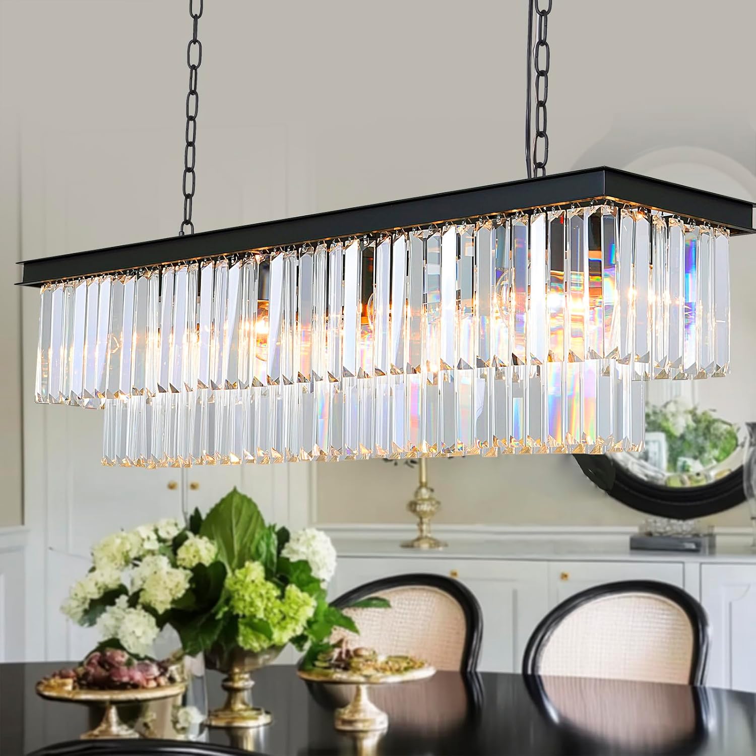 Chrome Crystal Chandelier Lighting L39'' Rectangular Modern Dining Room Lighting Fixture Rectangle Light Fixture Ceiling Hanging for Kitchen Island Over Table Linear