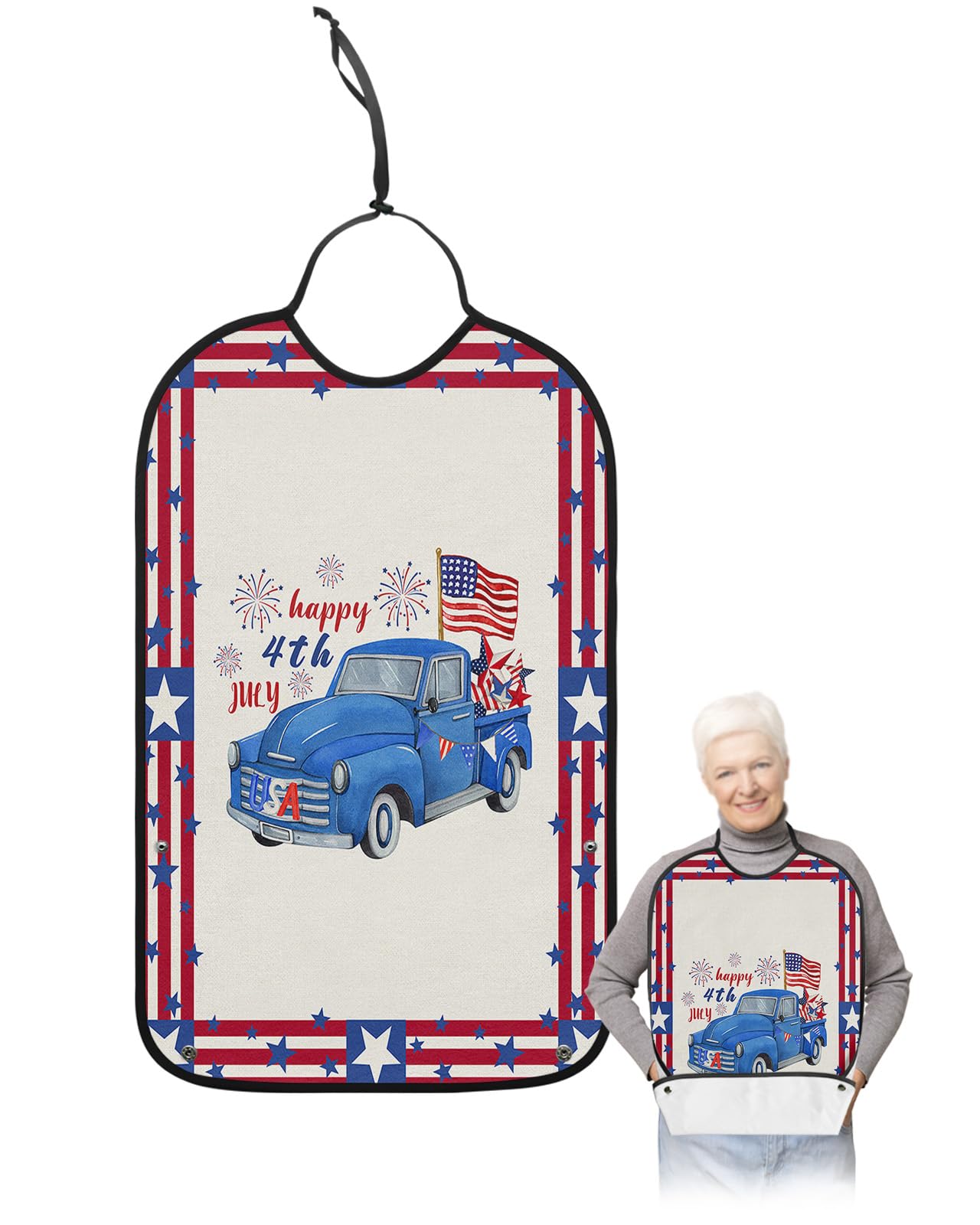 Kewadony Adult Bibs for Elderly Women - 4th of July Waterproof Dining Clothing Protectors with Crumb Catcher for Eating/Feeding, Vintage Blue Truck Red Striped American Flag Terry Cloth Bib Washable