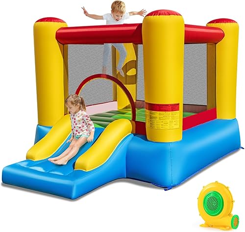 Miniatura 12 de HONEY JOY Casa de rebote inflable, castillo hinchable para niños con tobogán y área gigante de rebote, bolsa de transporte Oxford, estacas, castillo