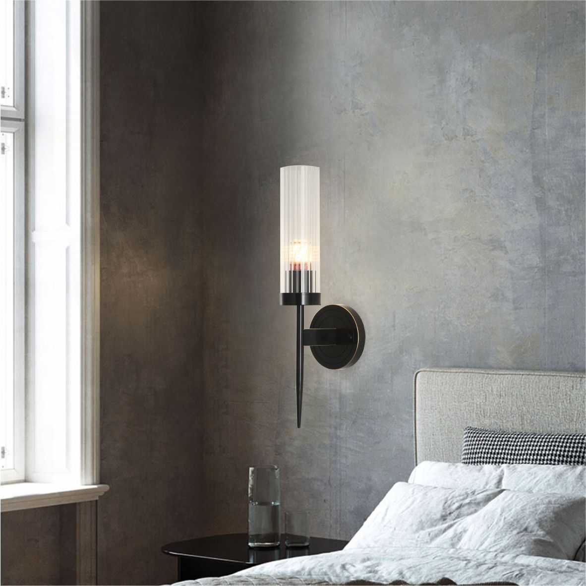 Image of BOKT Mid-Century Modern Bathroom Sconces Wall Lighting Vintage Black Vanity Wall Lamp Clear Cylinder Glass Wall Sconce Industrial Slim Wall Sconce Lamp
