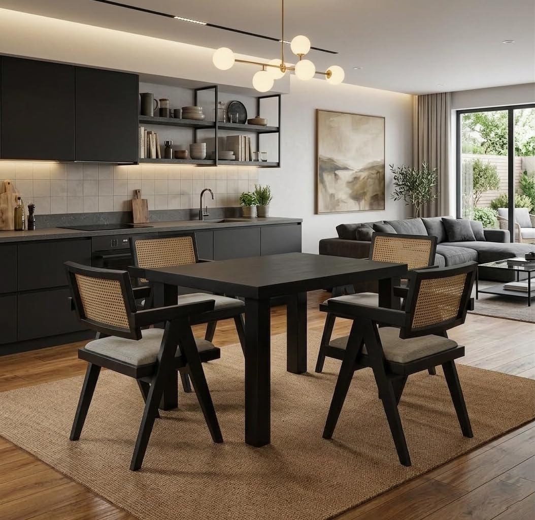 Dining Table Set of 4, Wood 4 Seater Dining Table with Chair | Wooden Dining Table 4 Seater for Living Room || Folding Dining Table || Dining Room Furniture || Cane Chairs for Balcony Walnut Finish-image-0