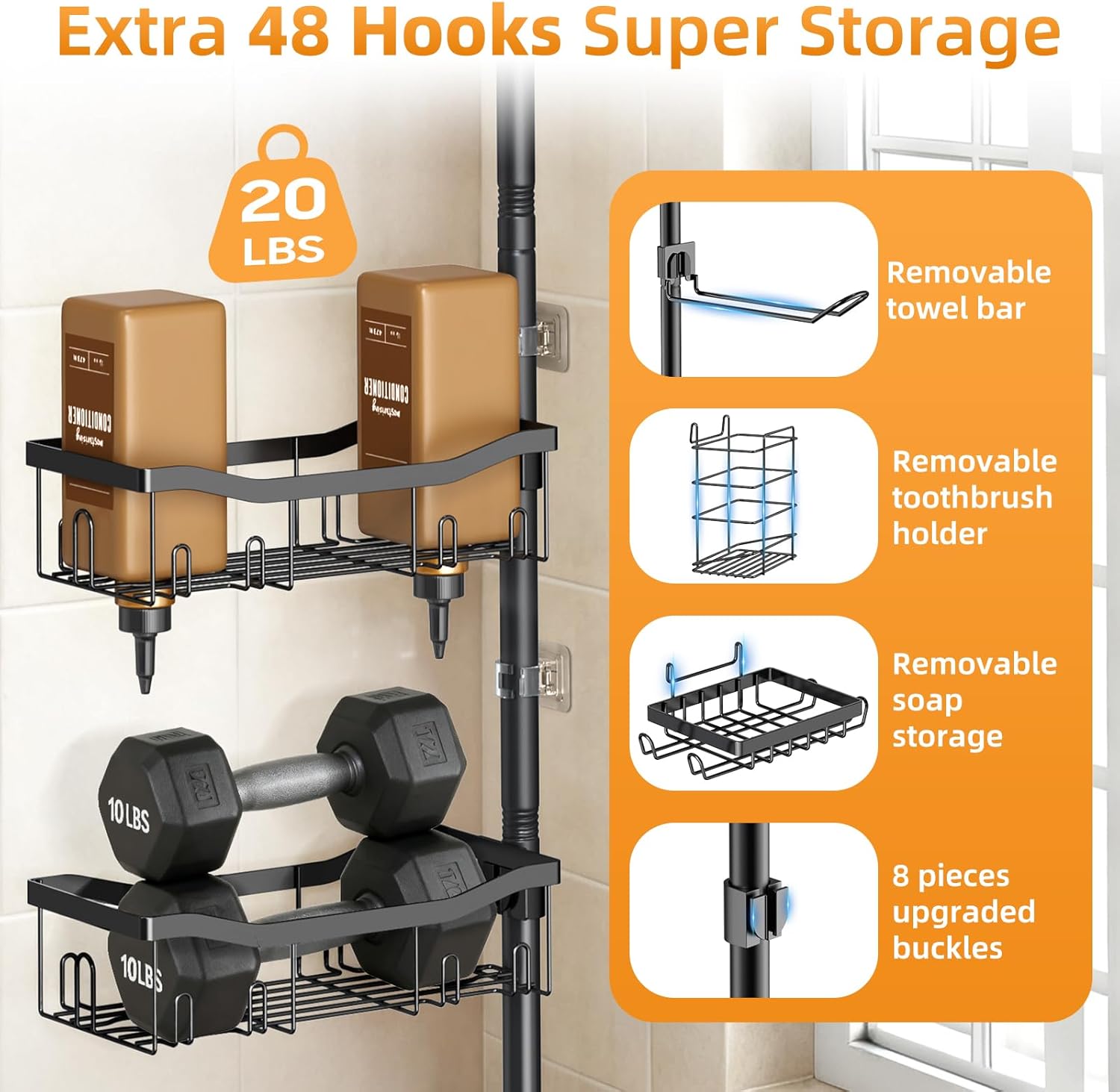 Shower Caddy Corner, 6 Tier Tension Pole Rod Bathroom Organizer Shelves, Adjustable Bathtub Shampoo Stand Rack with Towel Rack 2 Holders for Inside Shower Storage, Floor to Ceiling 47-122 Inch, Black