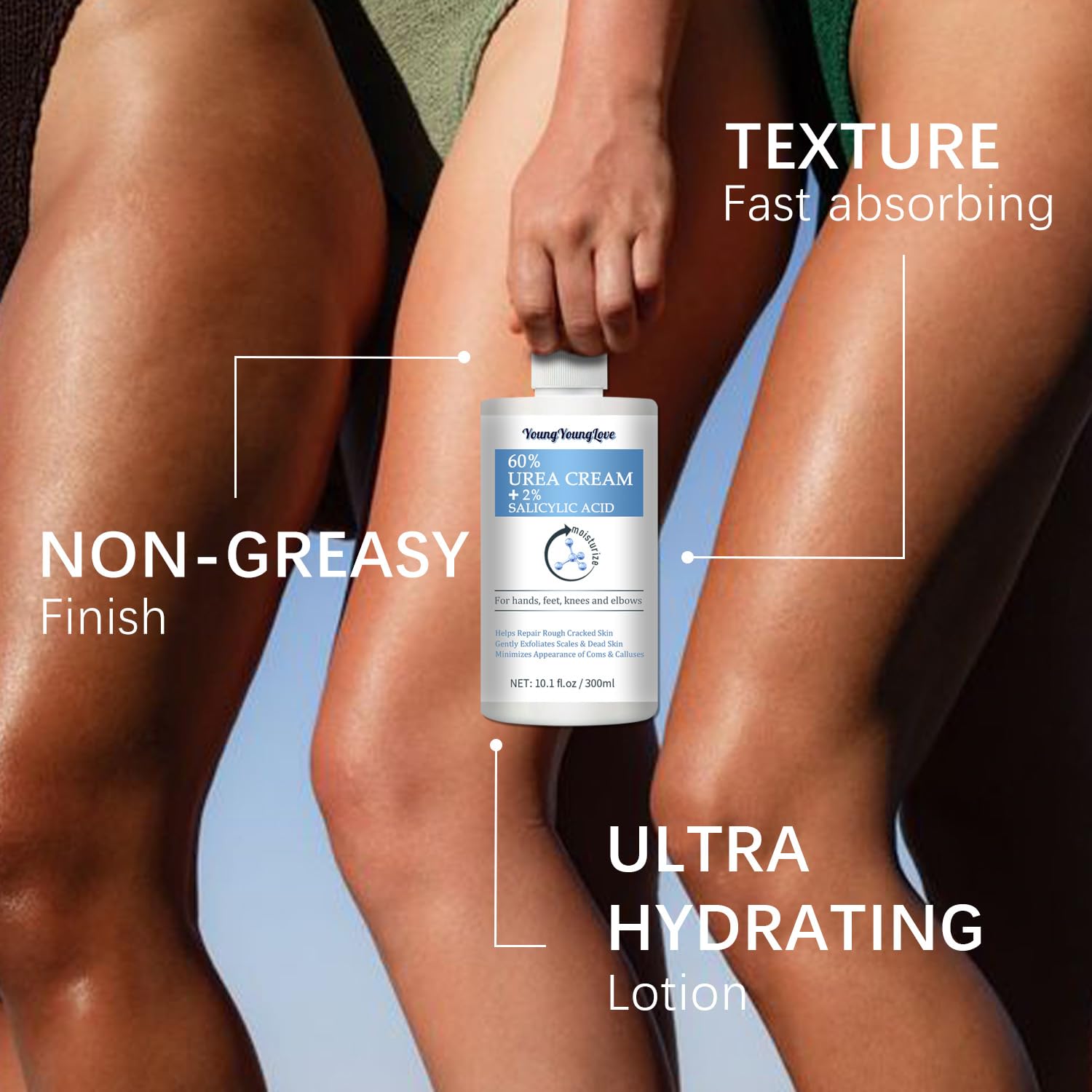 YOUNGYOUNGLOVE 10.1 Oz - 60% Urea plus 2% Salicylic Acid for Hand & Feet Maximum Strength, Deep Moisturizing Urea Foot Cream for Calluses Dry Cracked Feet Heels Knees Elbows Dead Skin, Callus Remover