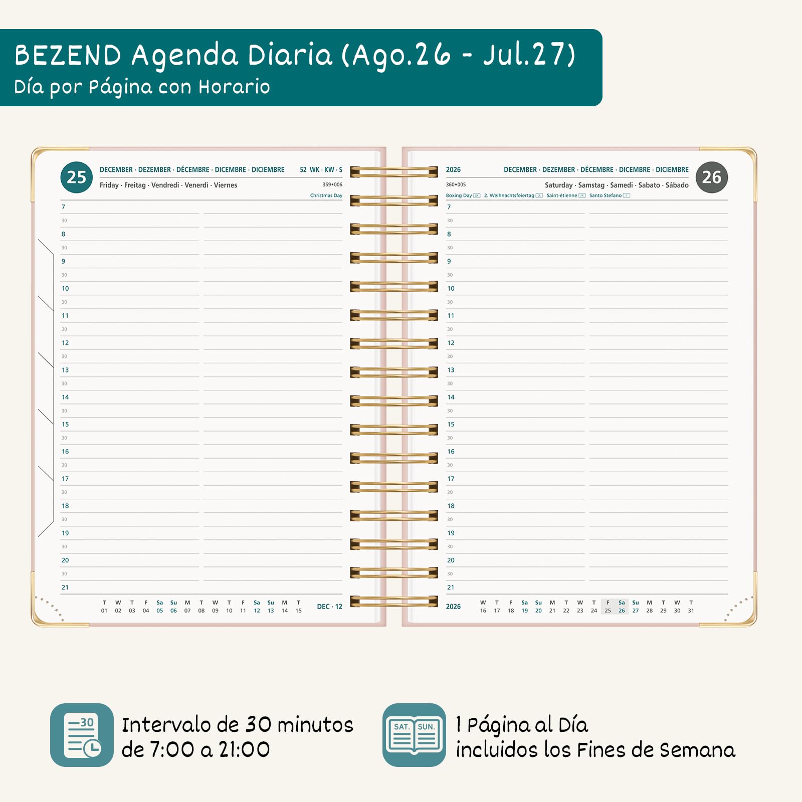 BEZEND Agenda Escolar 2026 2027 Día por Página A5 Espiral, 12 Meses de Ago.26 a Jul.27, Agenda Diaria Diseño Floral 15,5 x 21 cm, Dia Vista con Intervalos de 30 minutos, Tapa Dura - Rosa