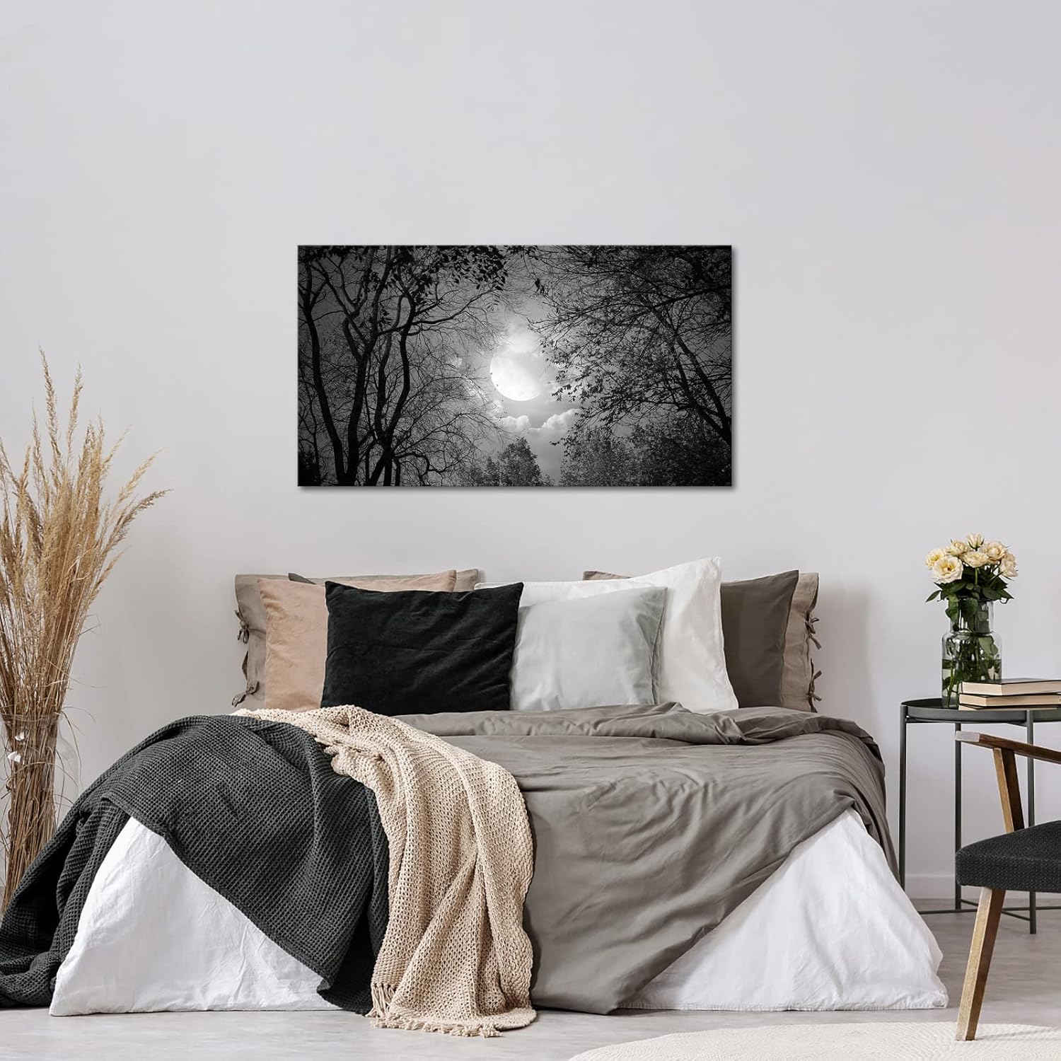Visual Art Decor Black and White Full Moon Picture Wall Decor Nature Forest Landscape Wall Art Night Scenery Art Print Framed Ready to Hang, 20inchx36inch